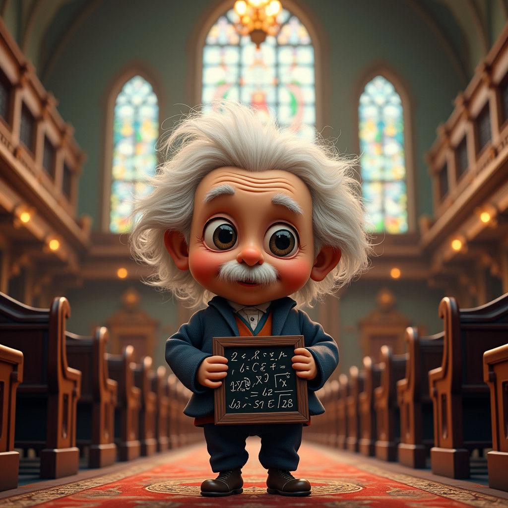 Chibi Albert Einstein Puppet in Ornate Auditorium