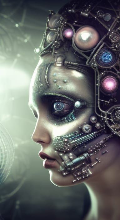 Cyberpunk Cyborg Girl with Kiss Makeup in Space