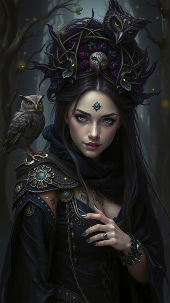Mystical Woman Whispers Secrets to Owl in Dreamlike Forest S...