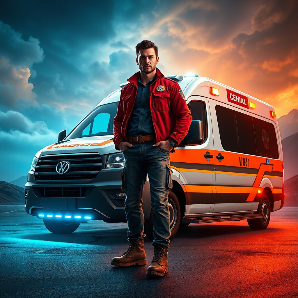 Paramedic Stands By Futuristic Ambulance