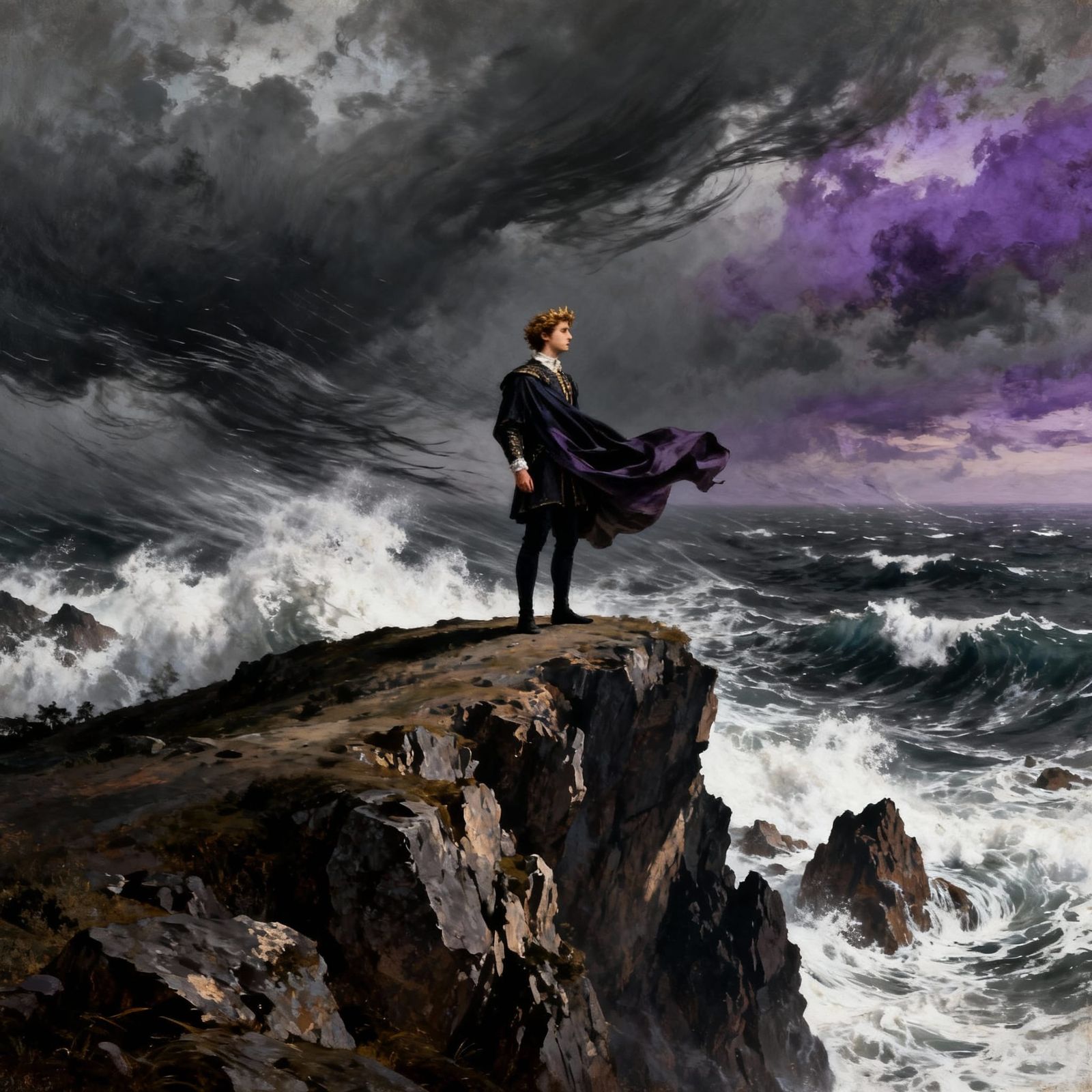 Prince on Windswept Cliff Overlooking Stormy Sea