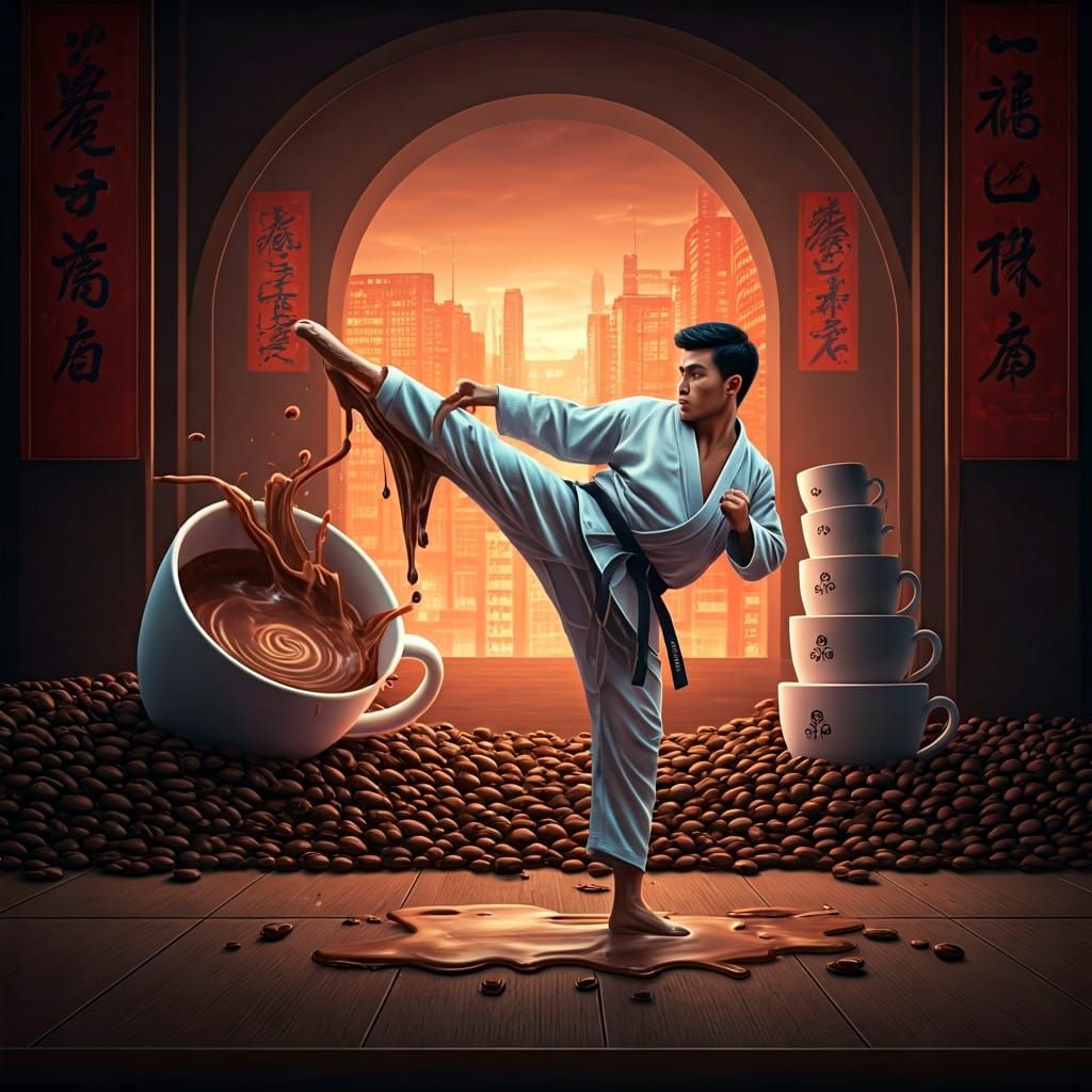 Martial Artist Kicks Coffee Mug in Surreal Dojo