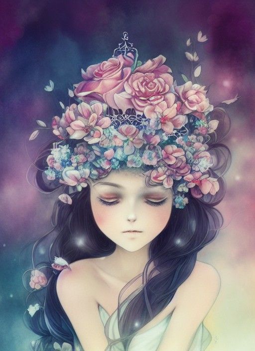 Anime Girl with Flower Crown by Anna Dittmann