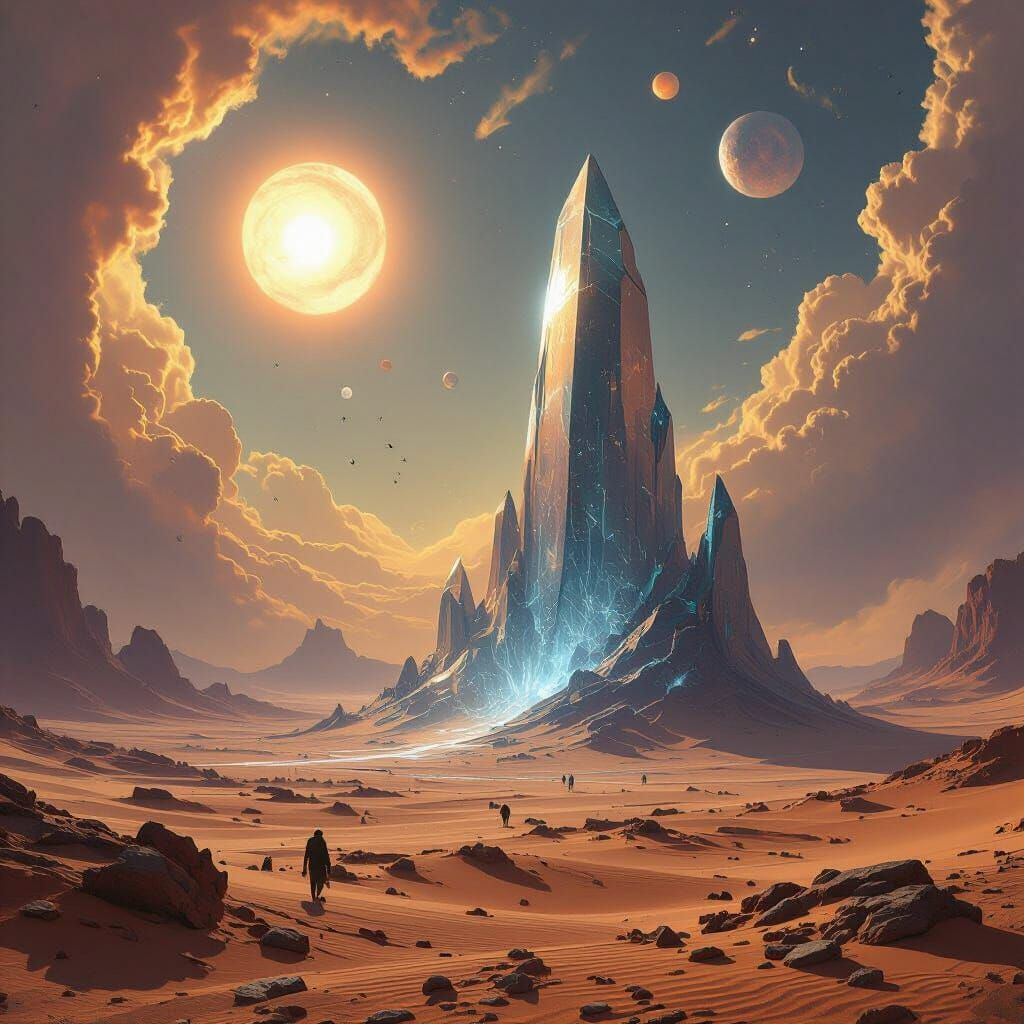 Alien Desert Landscape with Twin Suns and Crystal Structure