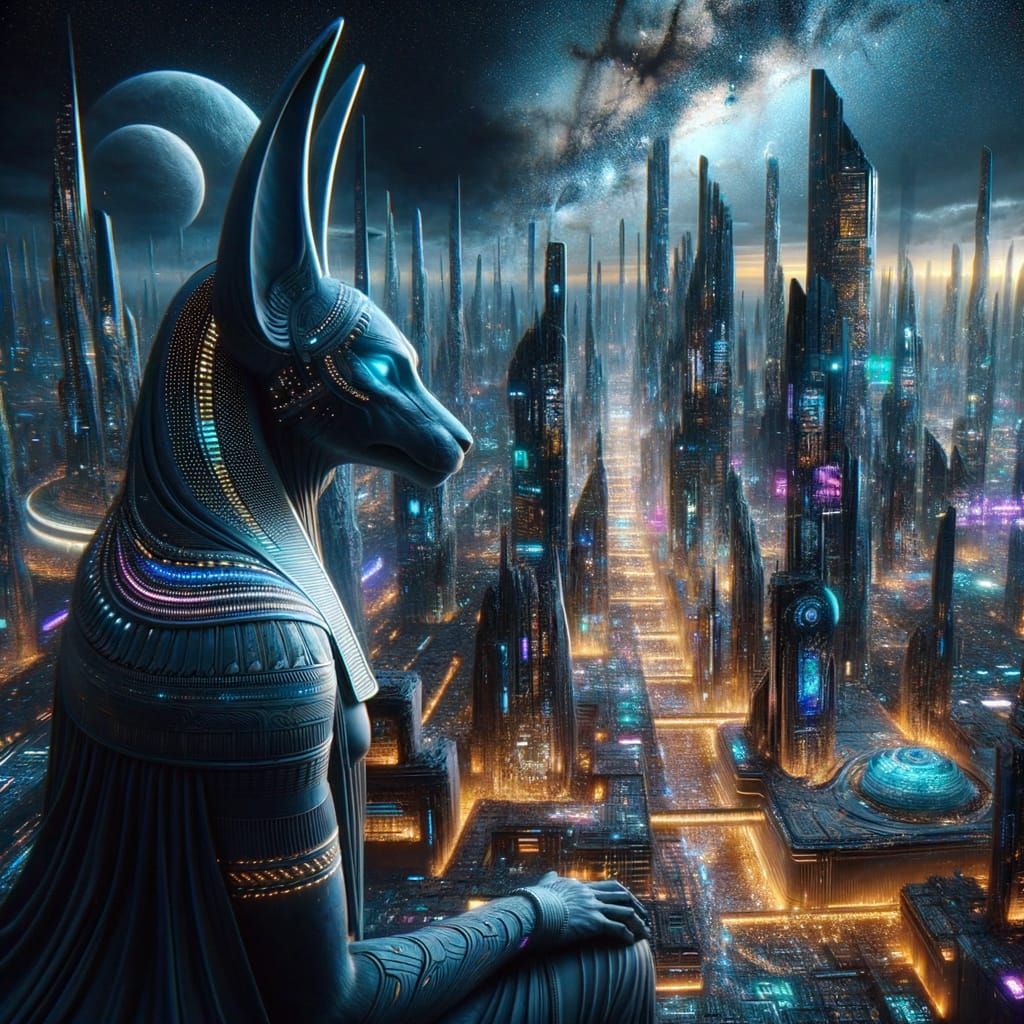 Epic Science Fiction Cityscape with Ancient Egyptian Archite...