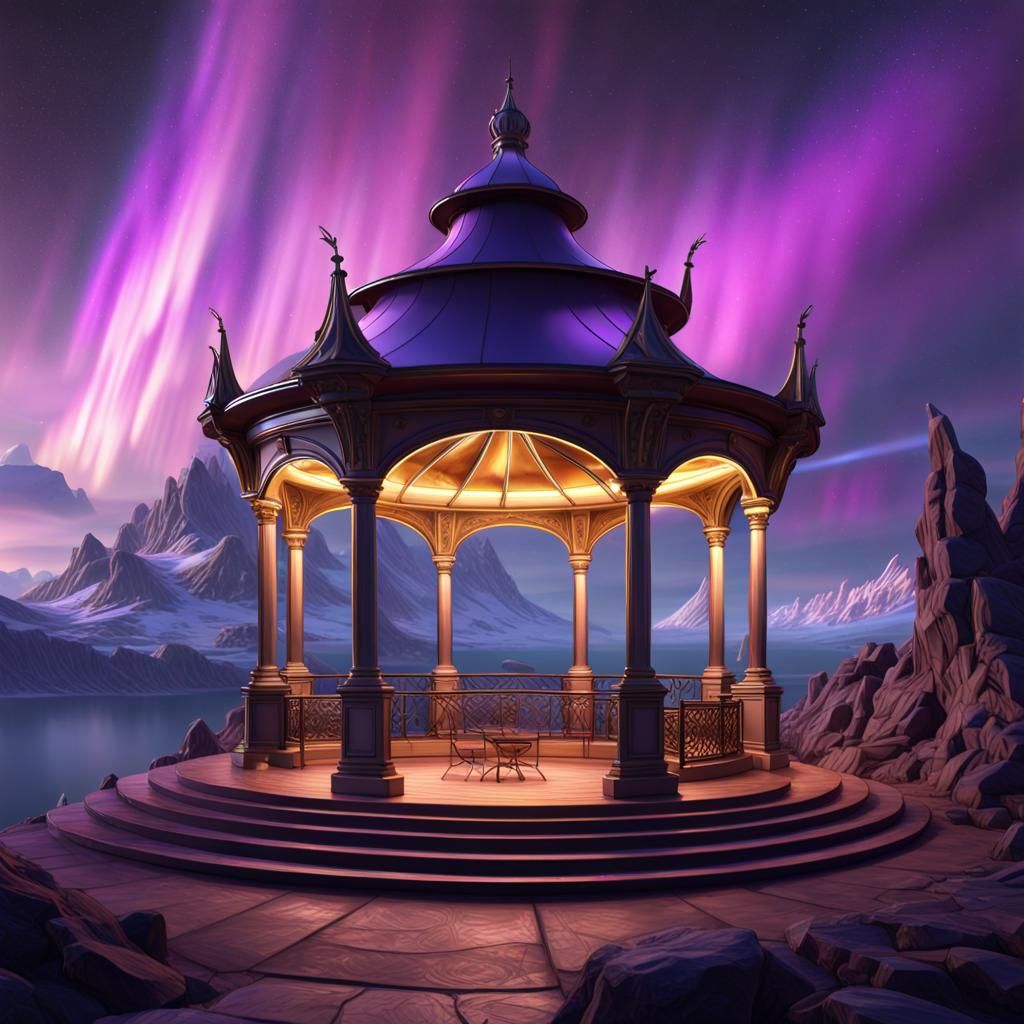 Celestial Mountain Bandstand Under Aurora Sky