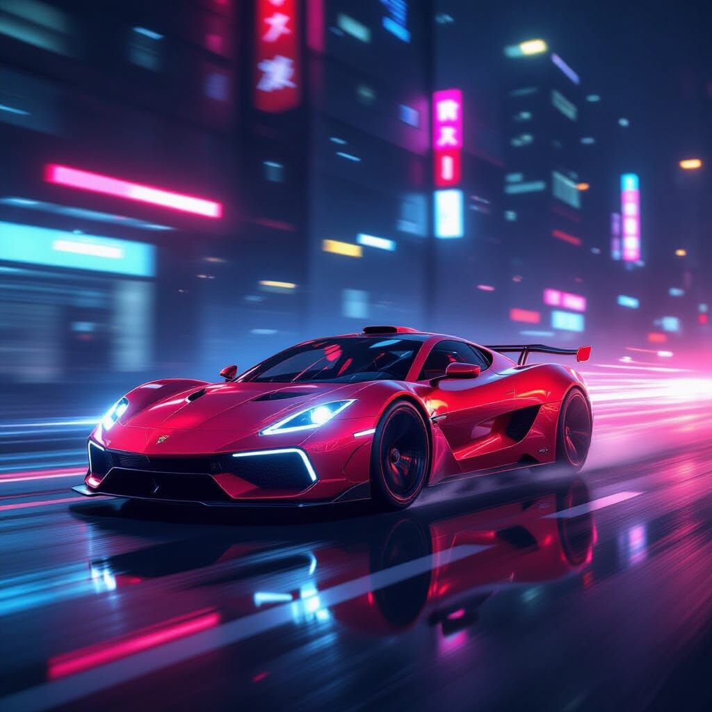 Crimson Sports Car Speeds Down Neon City Street