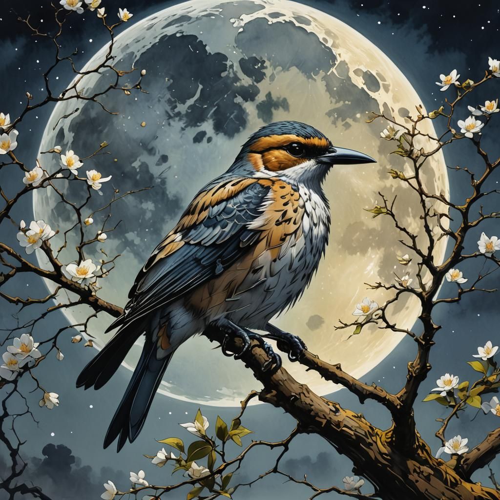 Bird Under Moon, Hyperdetailed Watercolor Art