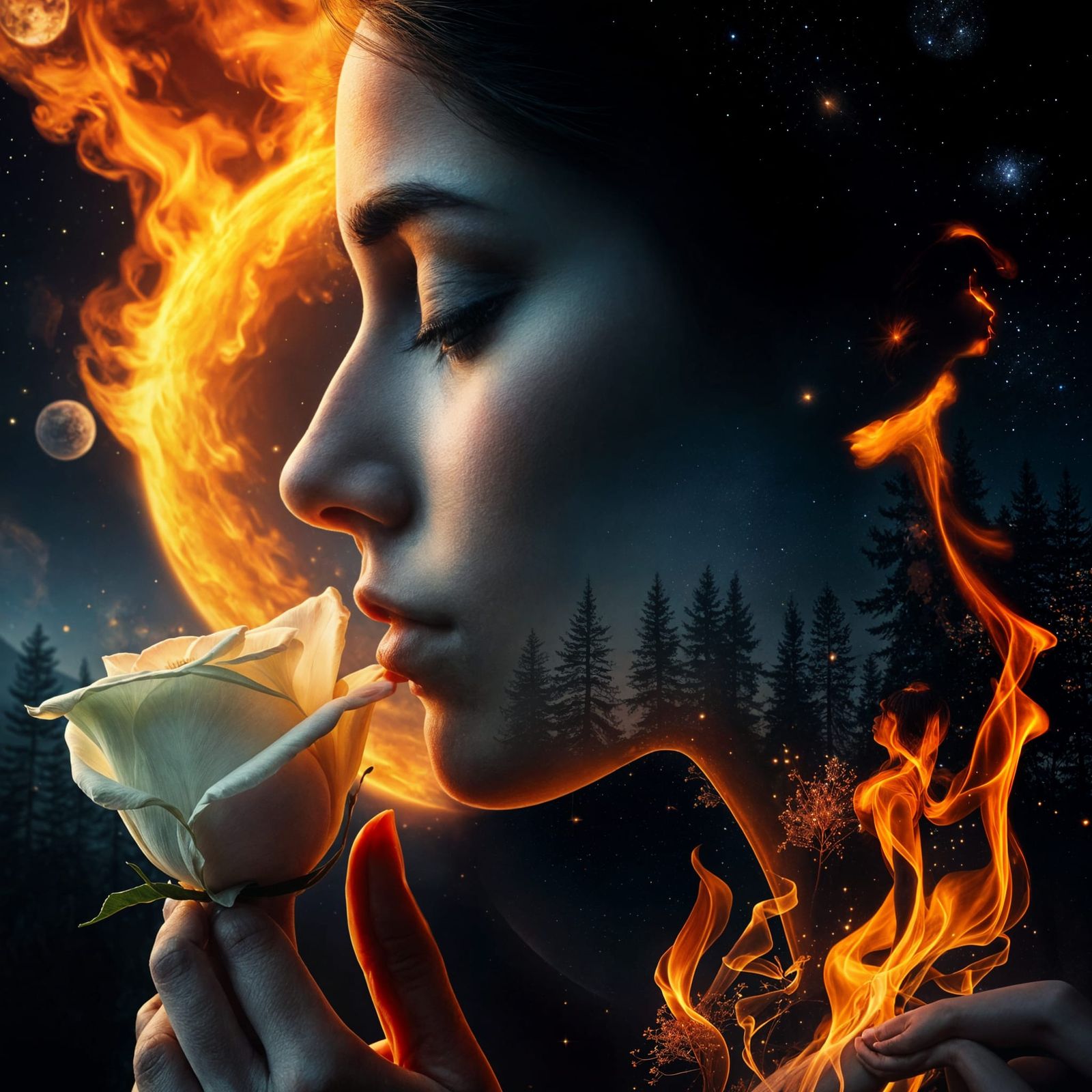 Double Exposure: Woman, Wildfire, and White Rose