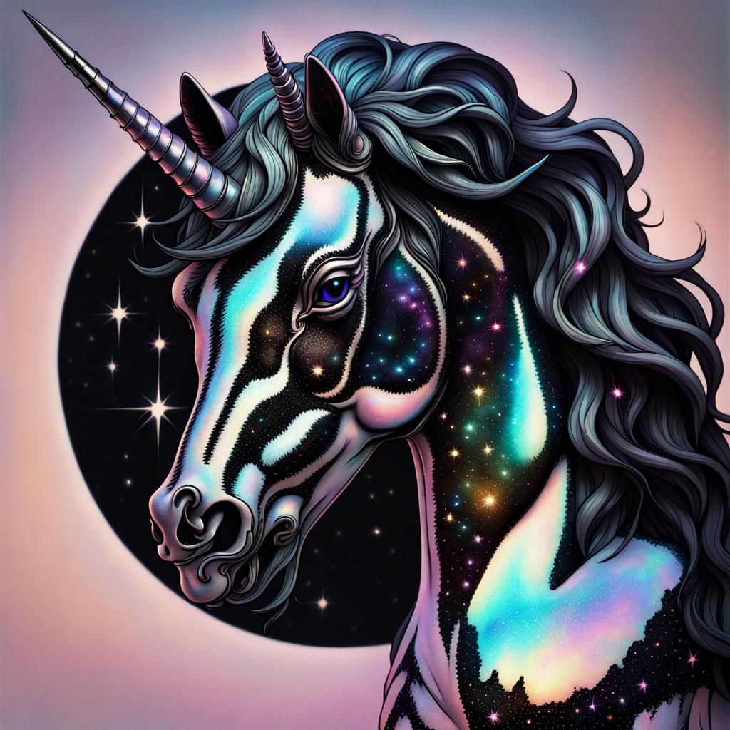 Iridescent Black Cosmic Unicorn in Ultrarealistic Style