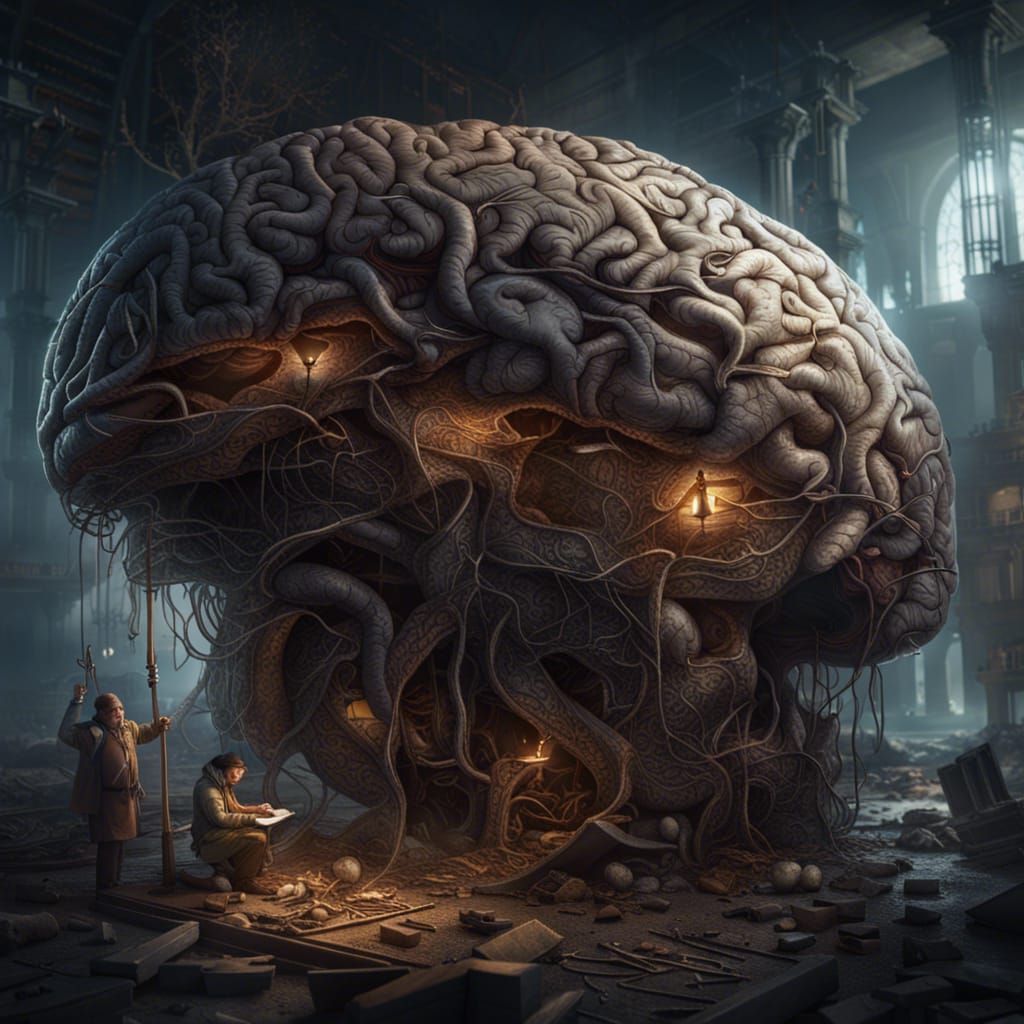 Archeologists Unearthing Memories in Brain, Dark Fantasy Art
