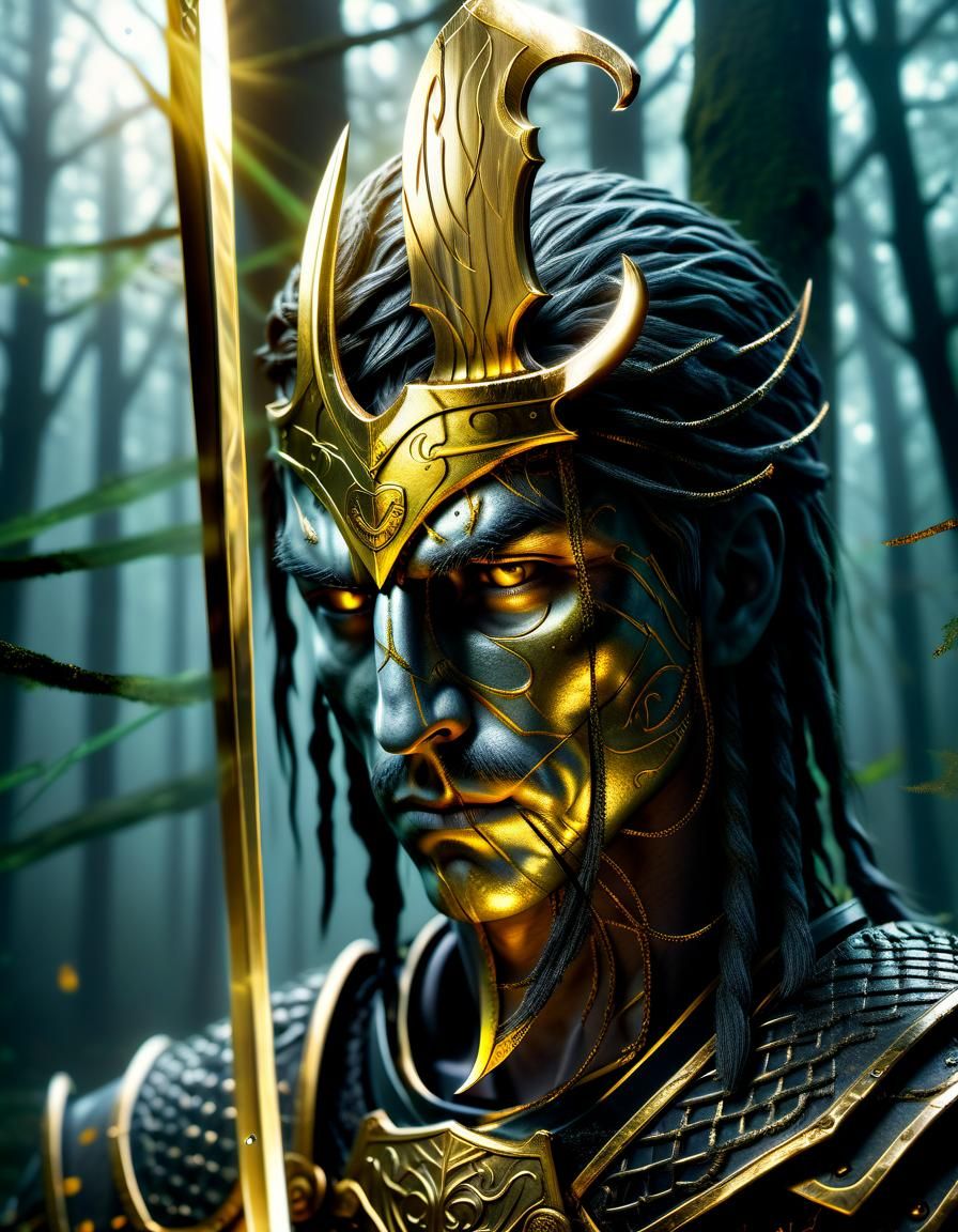 Warrior Reflected in Sword's Edge in Hyper-Realistic Digital...