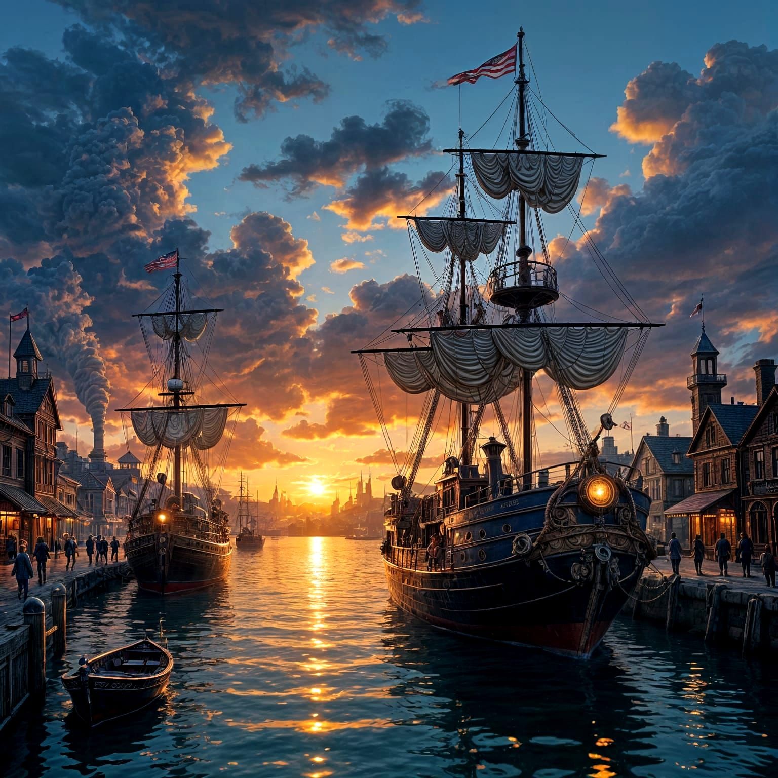 Steampunk Harbor at Sunset: Hyperrealistic Splash Art