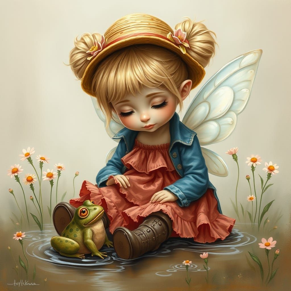 A picturesque oil painting of an adorable fairy with her tousled blonde hair tied back in two buns. She wears a large st...