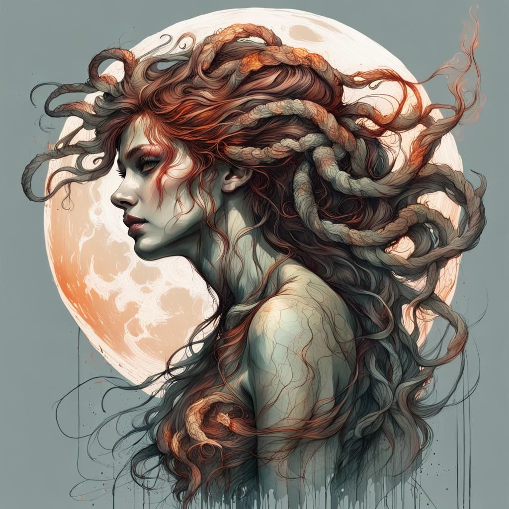 Detailed Medusa Illustration with Fiery Moon