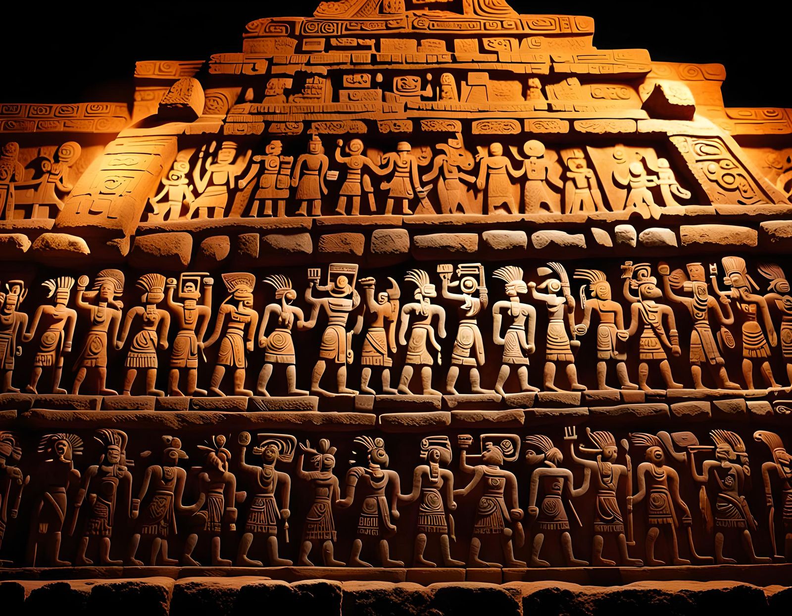 Moonlit Mayan Carvings on Ancient Pyramid Wall