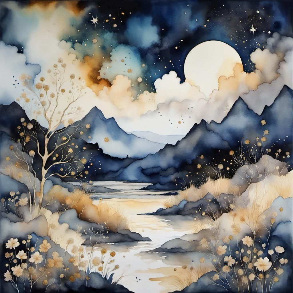 Ecru Landscape with Golden Clouds in Watercolor Style