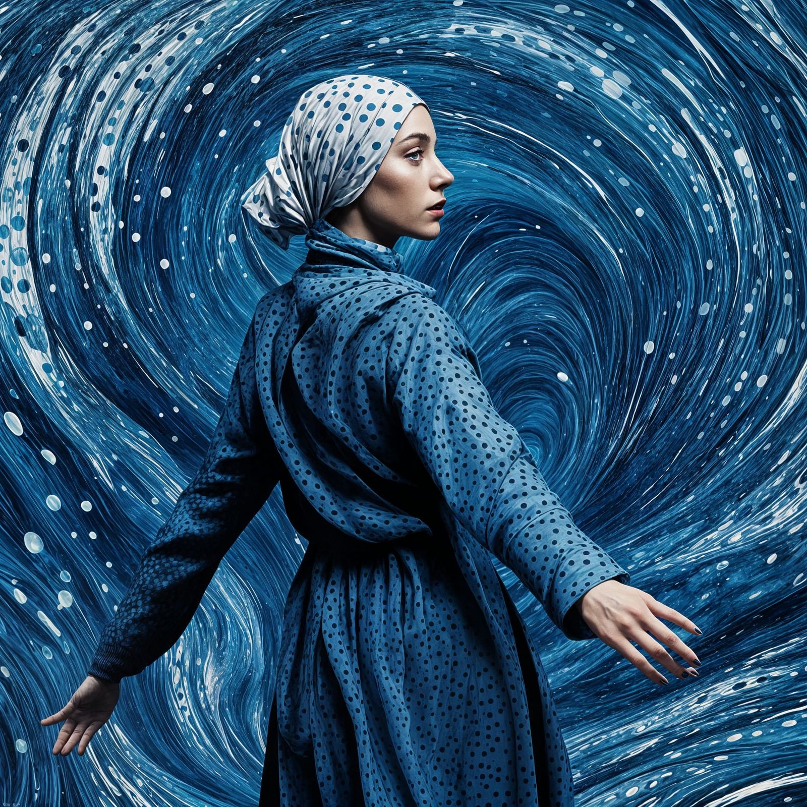 Avant-Garde Woman in Abstract Blue Galaxy