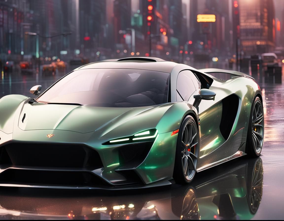 Supercar on Wet New York Street: Hyper-Realistic Digital Art