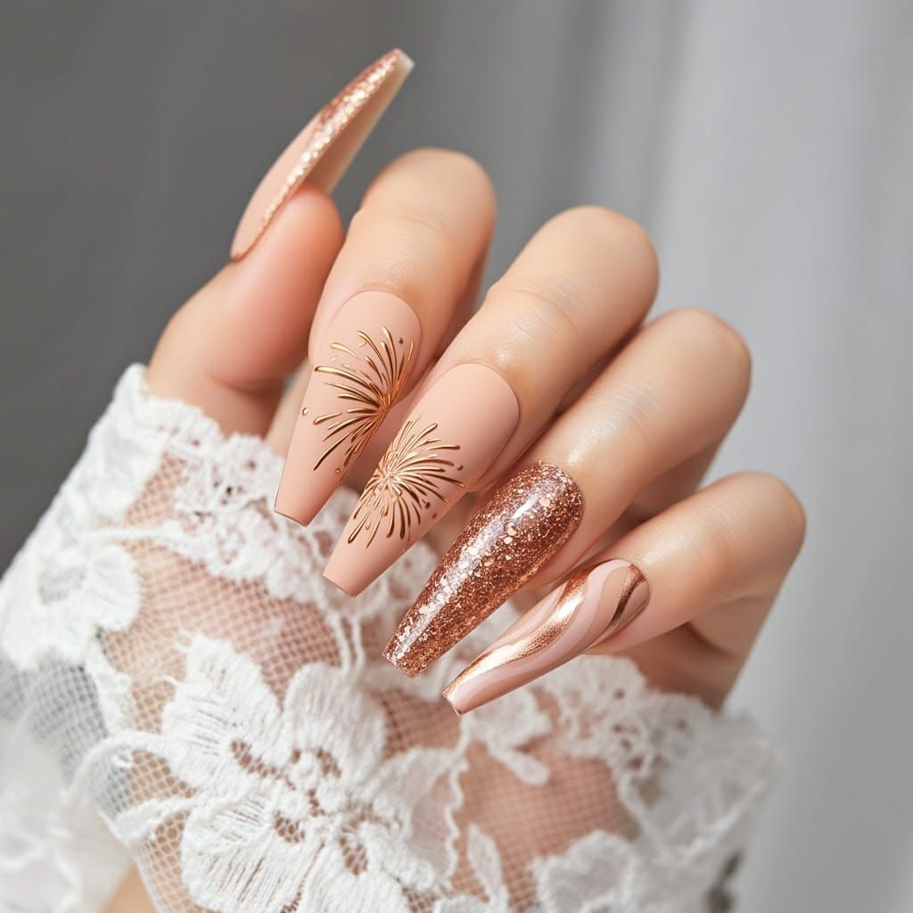Glamorous New Year's Eve Nail Art in Gold and Beige