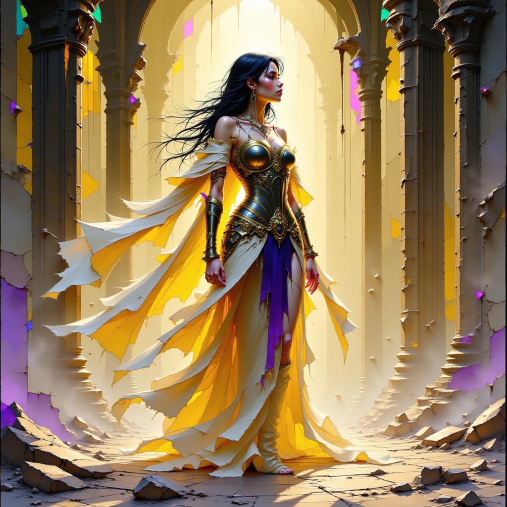 Aasimar Champion in Ruined Cathedral, Ink Art