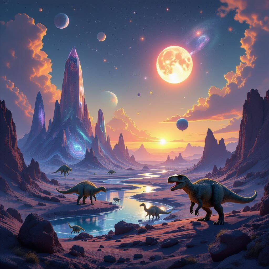 Surreal Alien World with Twin Suns and Crystal Formations