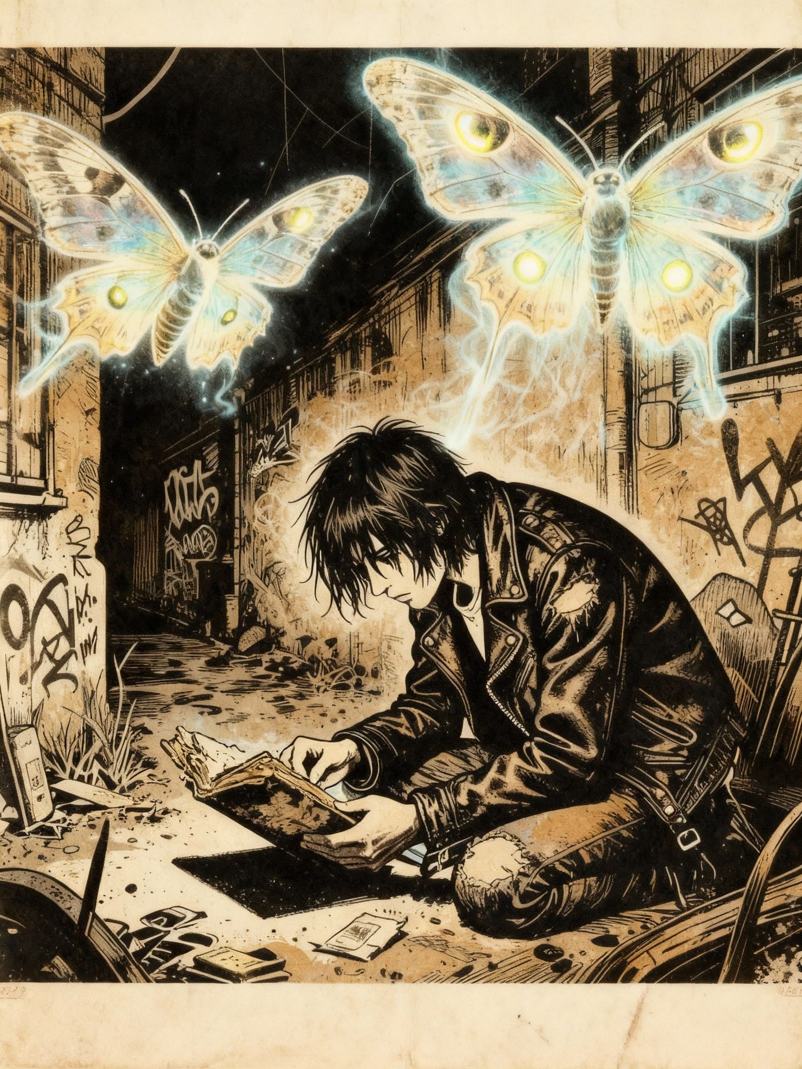 Figure Reading in Alley with Ethereal Moths, Punk Zine Style