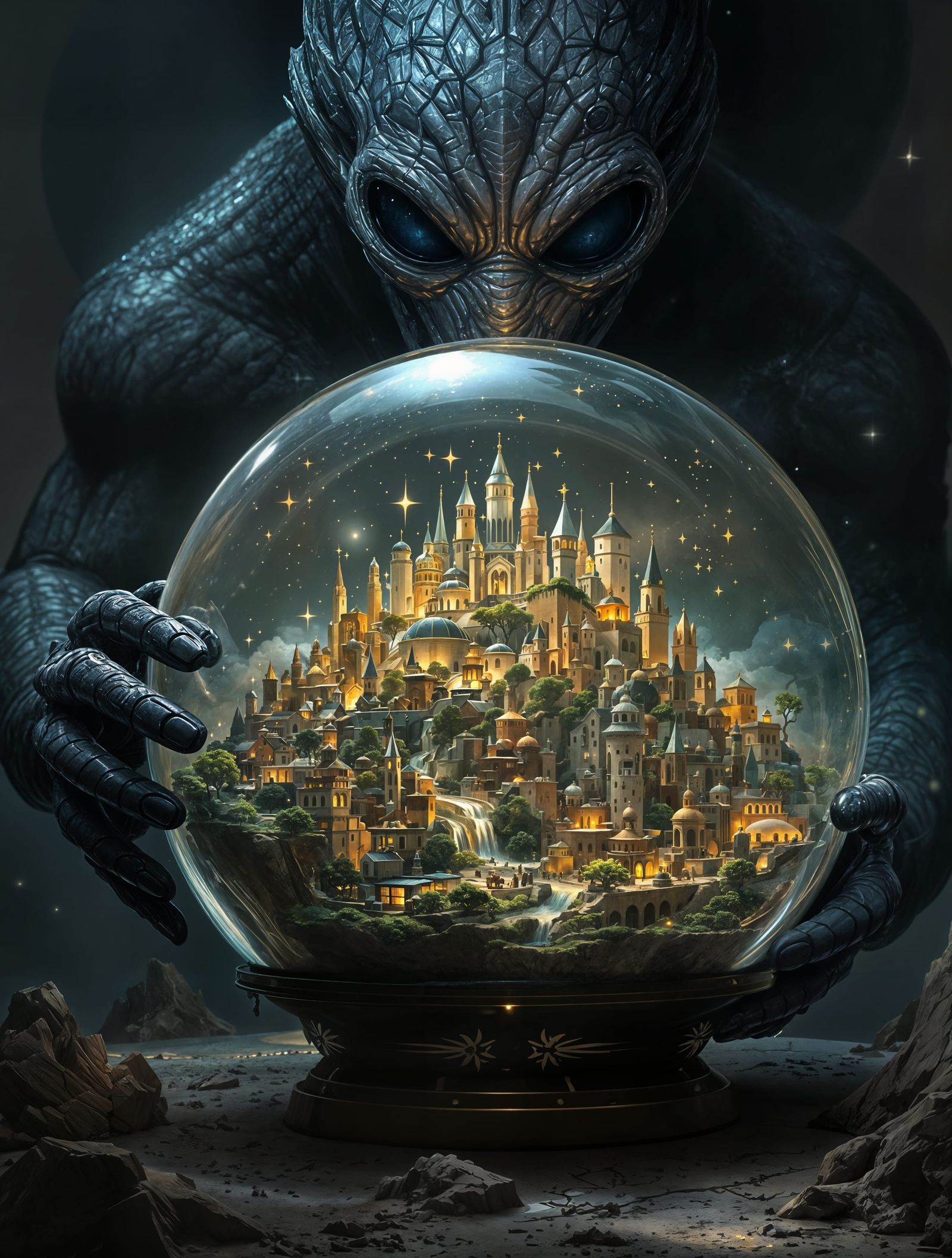 Epic Digital Painting of Alien Studying Miniature City