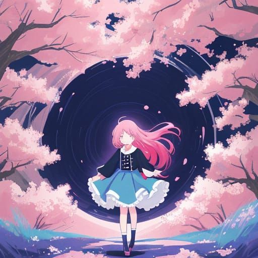 Anime Girl Amidst Vibrant Cherry Blossoms in Dramatic Sky