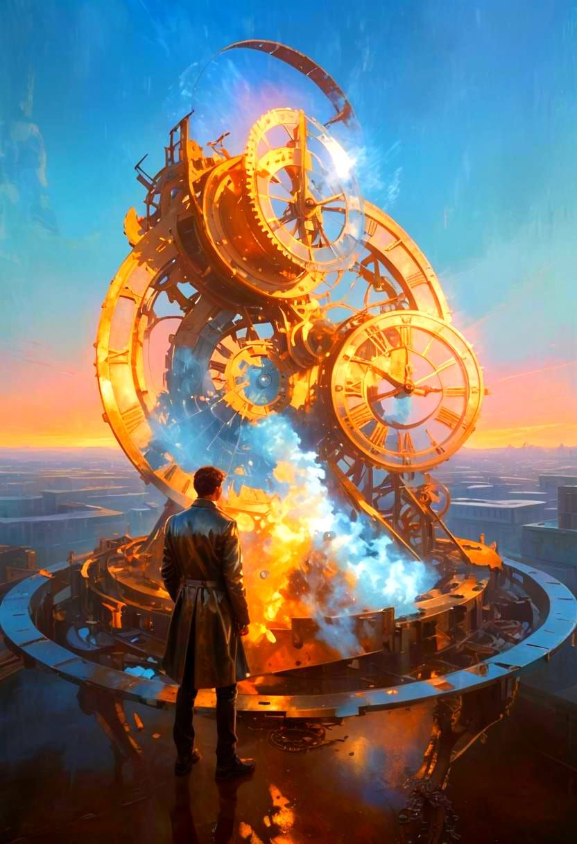 Steel Figure Before Clock in Ring of Time