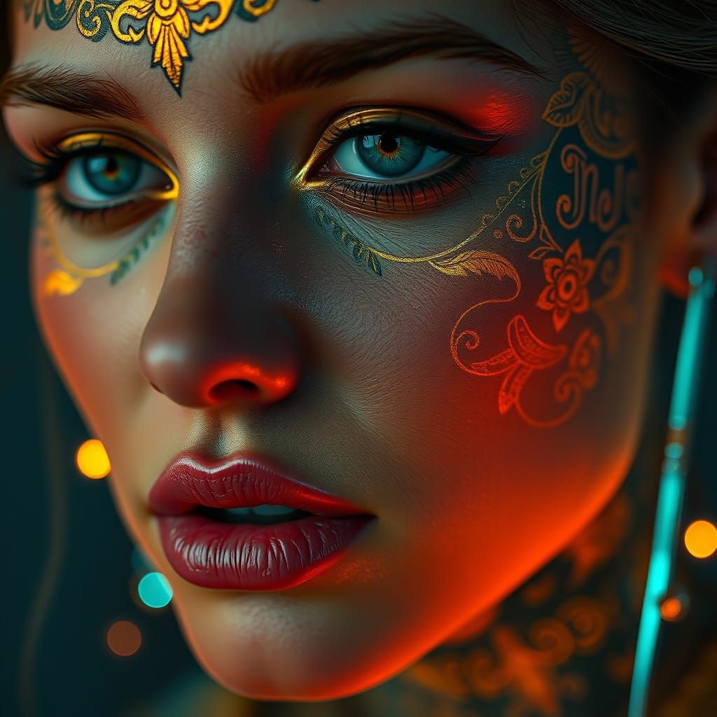 Golden Tattoos on Lady's Face with Neon Lighting