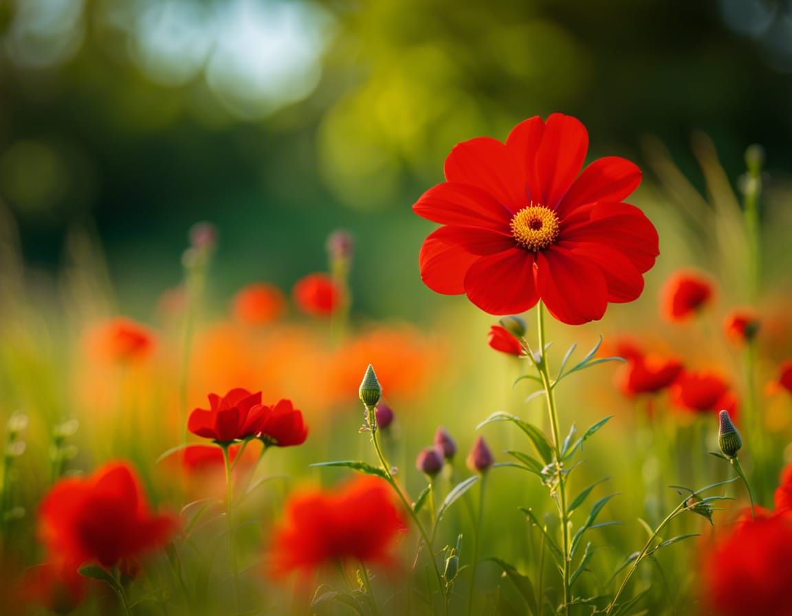 Vibrant Red Flower in Blooming Meadow