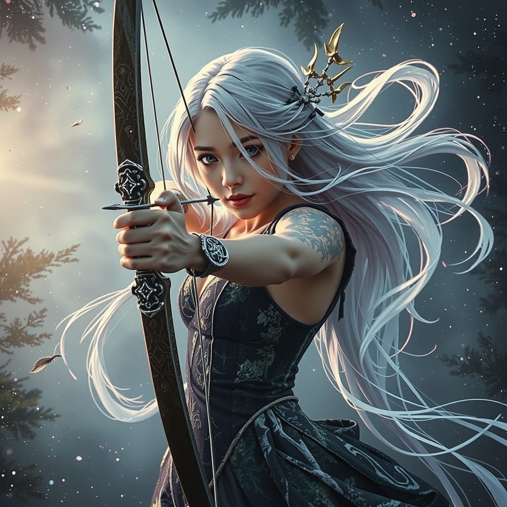 Majestic Goddess Archer in Double Exposure Splendor