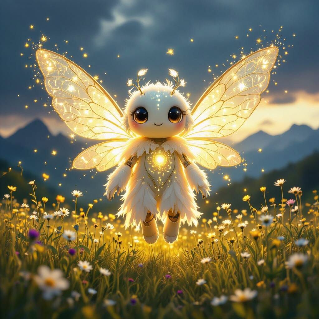 Robotic Herald in Sunlit Meadow: Surreal Fantasy Art