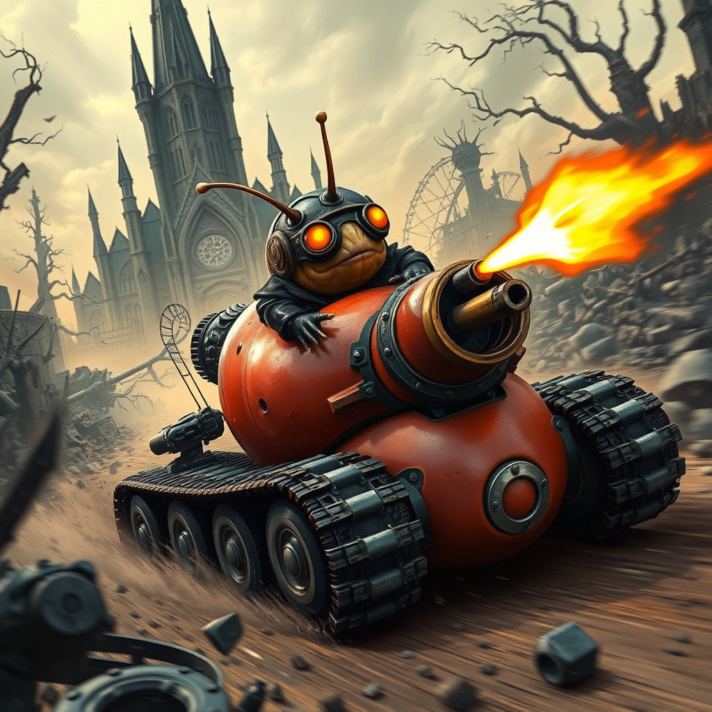 Chibi Snail Races Tomato Tank in Dystopian Wasteland