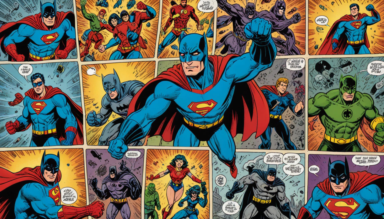 Vibrant Retro Comic Book Scene in Dynamic Poses