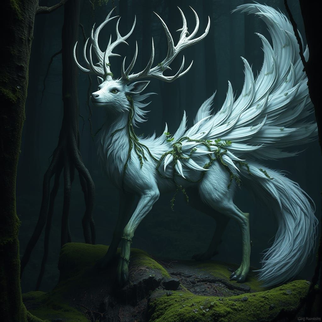 Mythical Nine-Tailed Fox Creature in Dark Forest