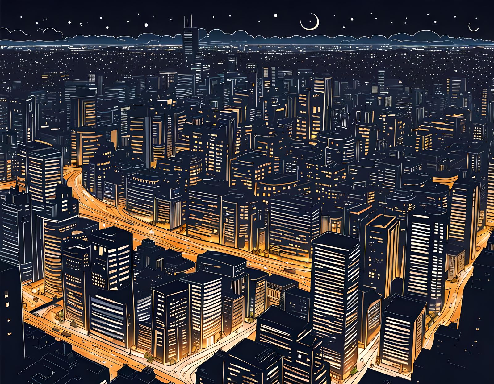 Vibrant Night Cityscape with Bold Outlines