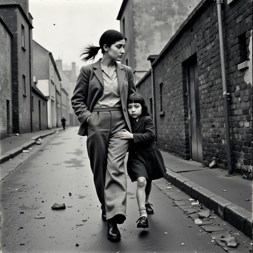 Woman Protects Girl on 1950s Irish Street in Black & White