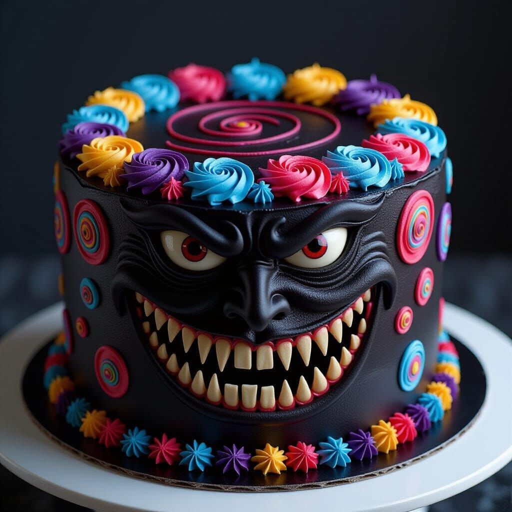 Menacing Cake with Face in Surreal Style