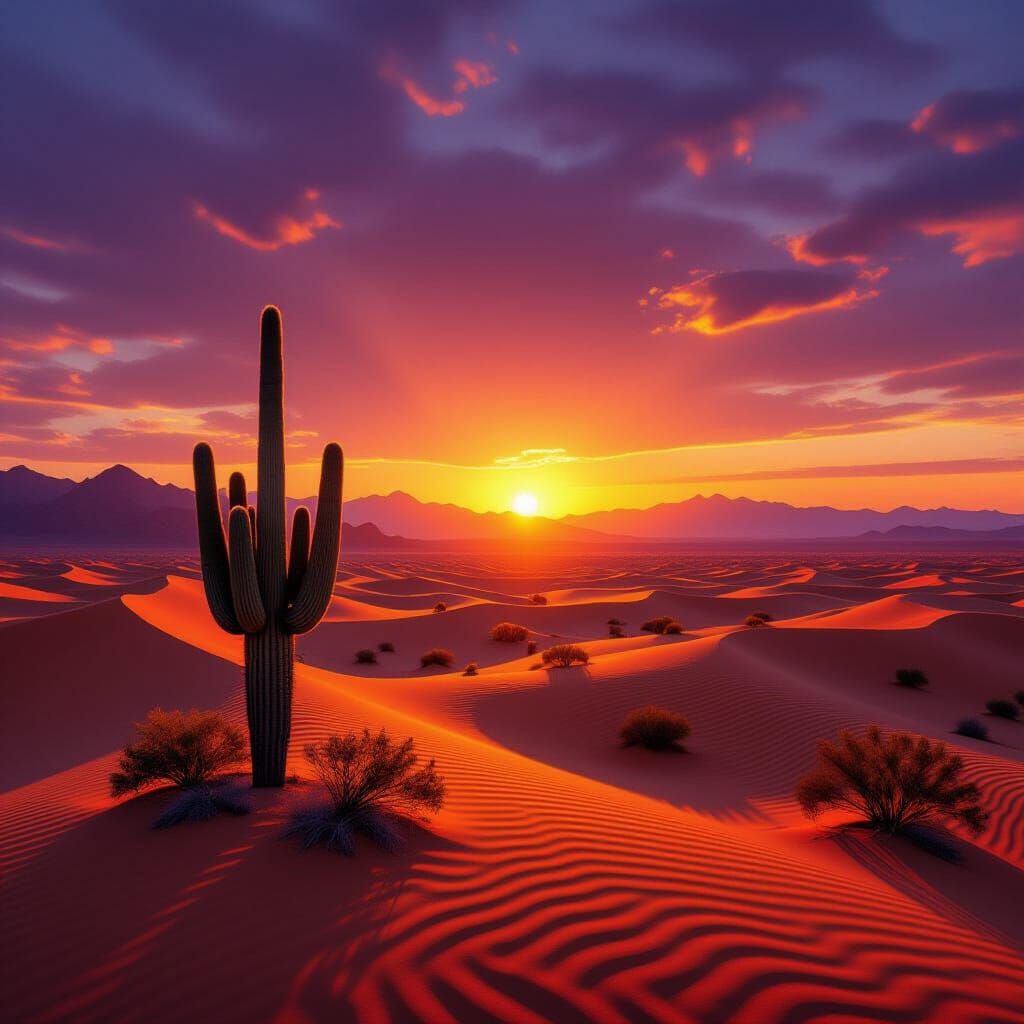 Golden Hour Desert Sunset with Saguaro Cactus