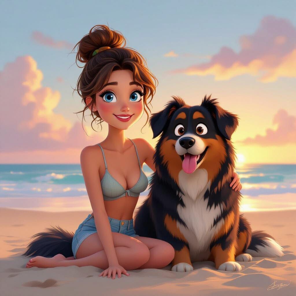 Woman and Dog at Sunrise in Pixar Style