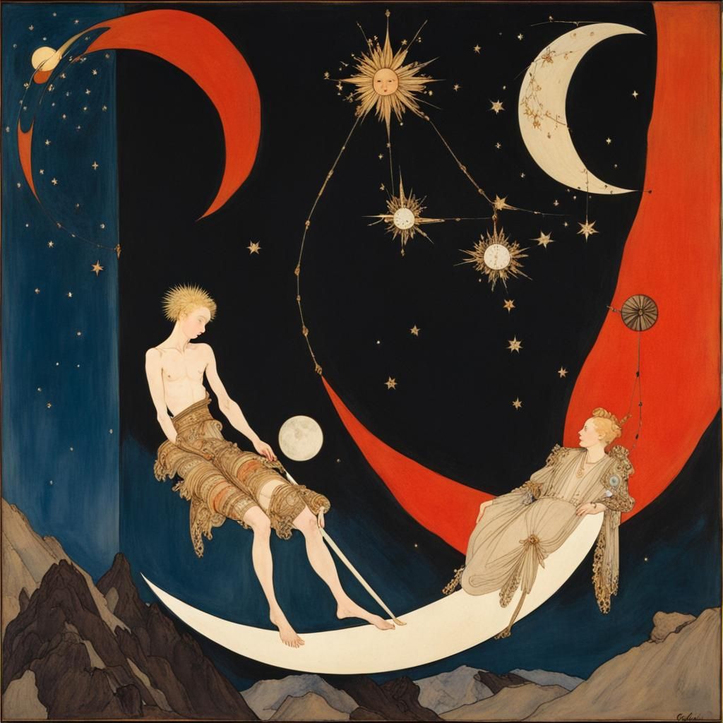 Celestial Scene in Golden Age Illustration Style