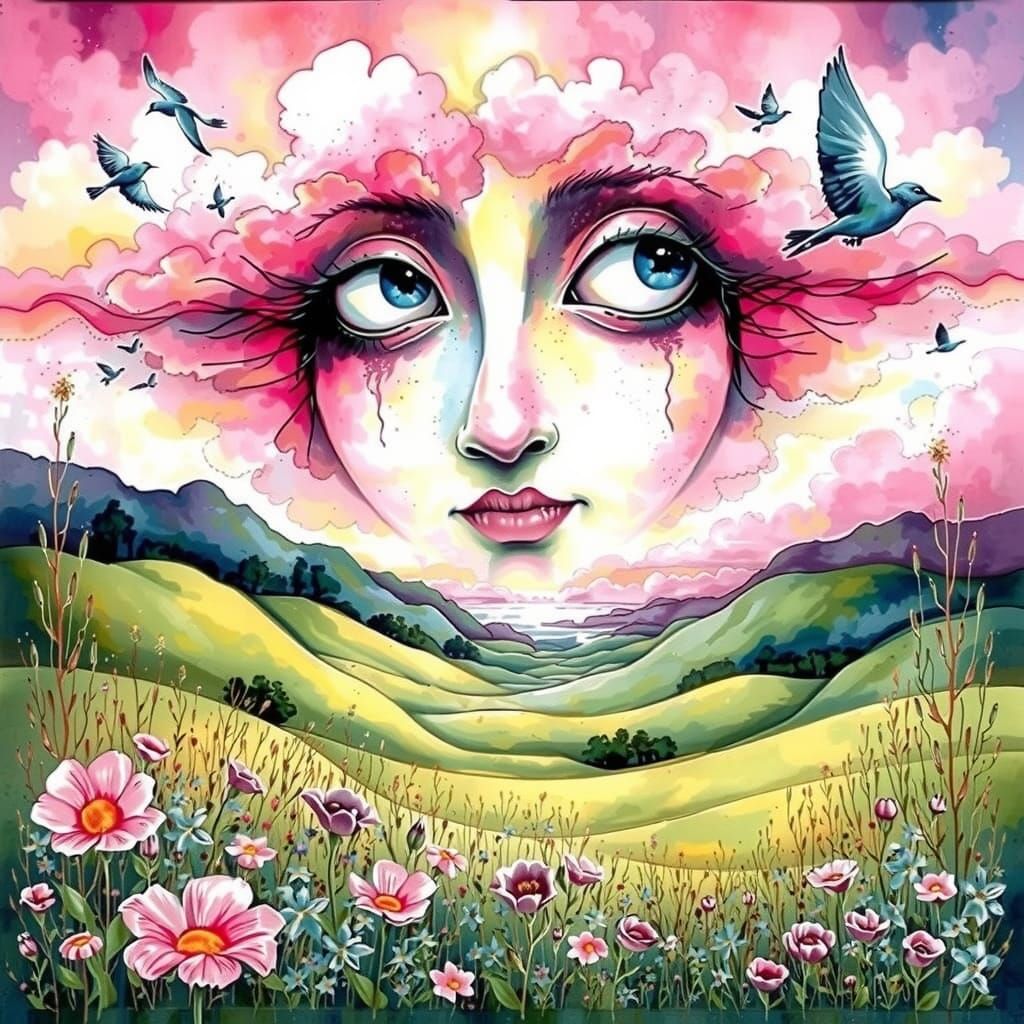 "Beautiful Face in the pink clouds with Green hills and wildflower meadows in background ..and Blue birds flying around ...