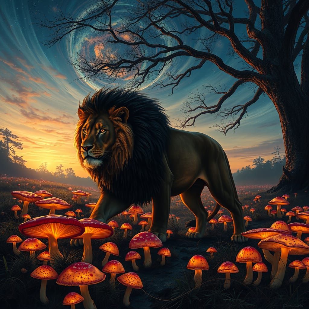 Lion with Scorpion Tail in Glowing Mushroom Field
