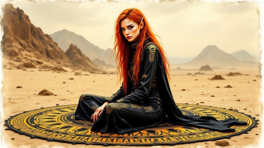 Elf with Red Hair in Desert Landscape