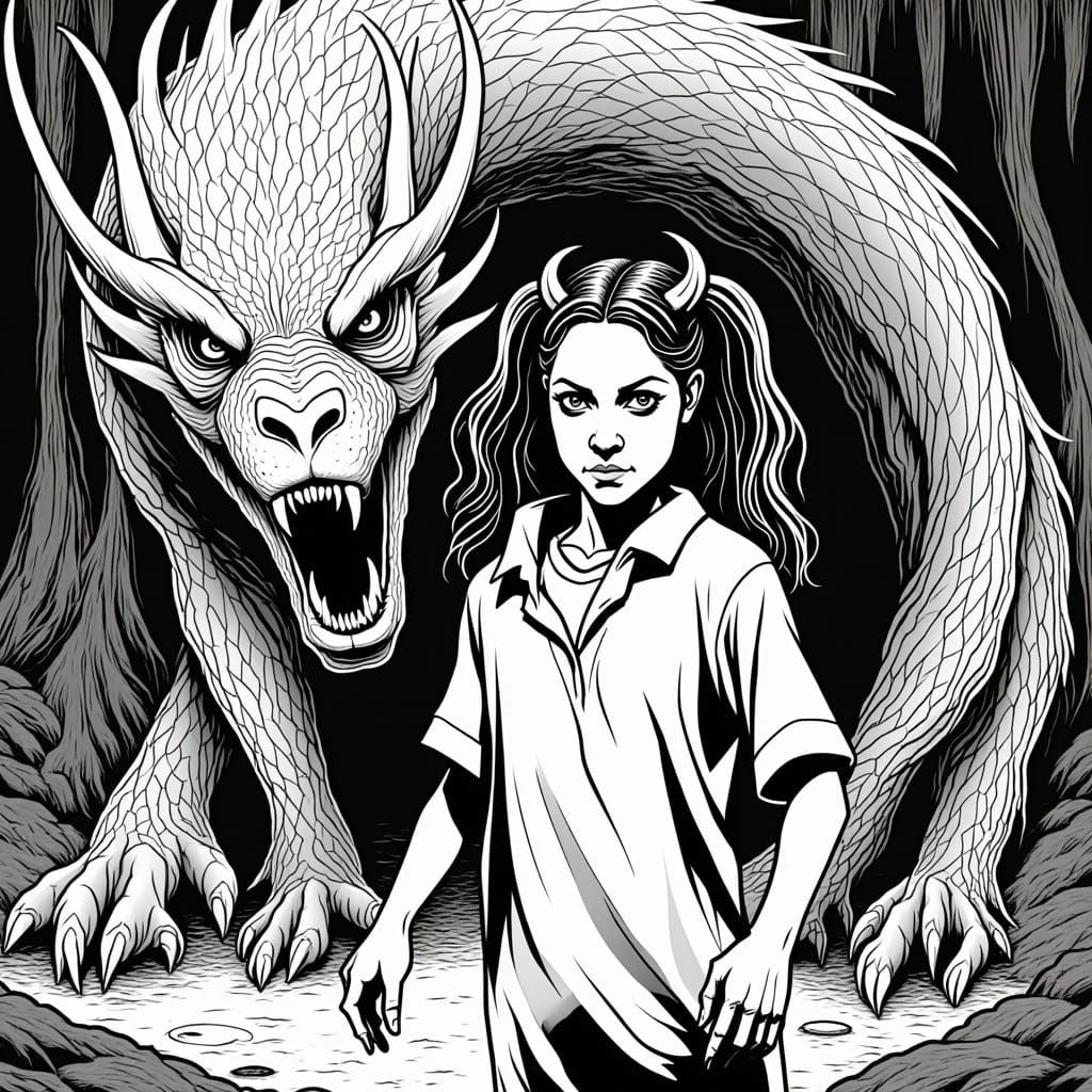 Girl and Dragon in Black and White Comic Art