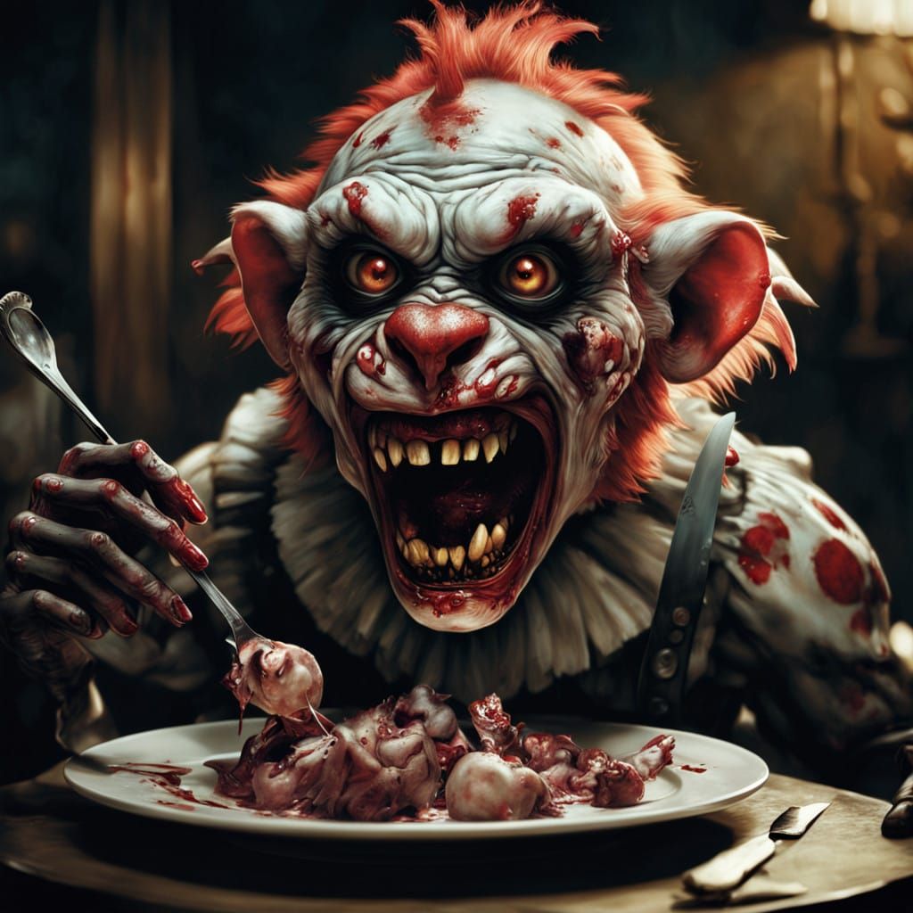 Zombie Clown Devouring Rodent in Dark Atmosphere