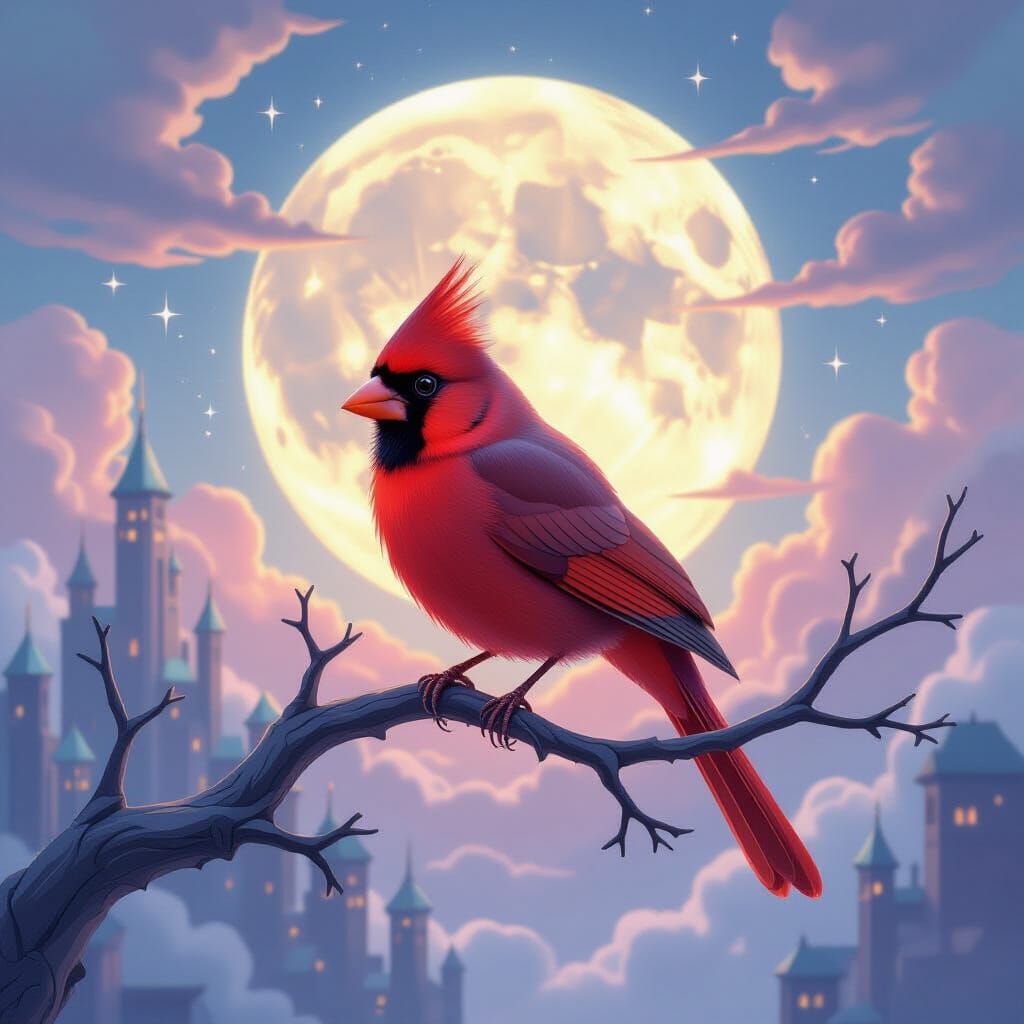 Cardinal on Moonlight Branch Over Dreamlike Crystal City