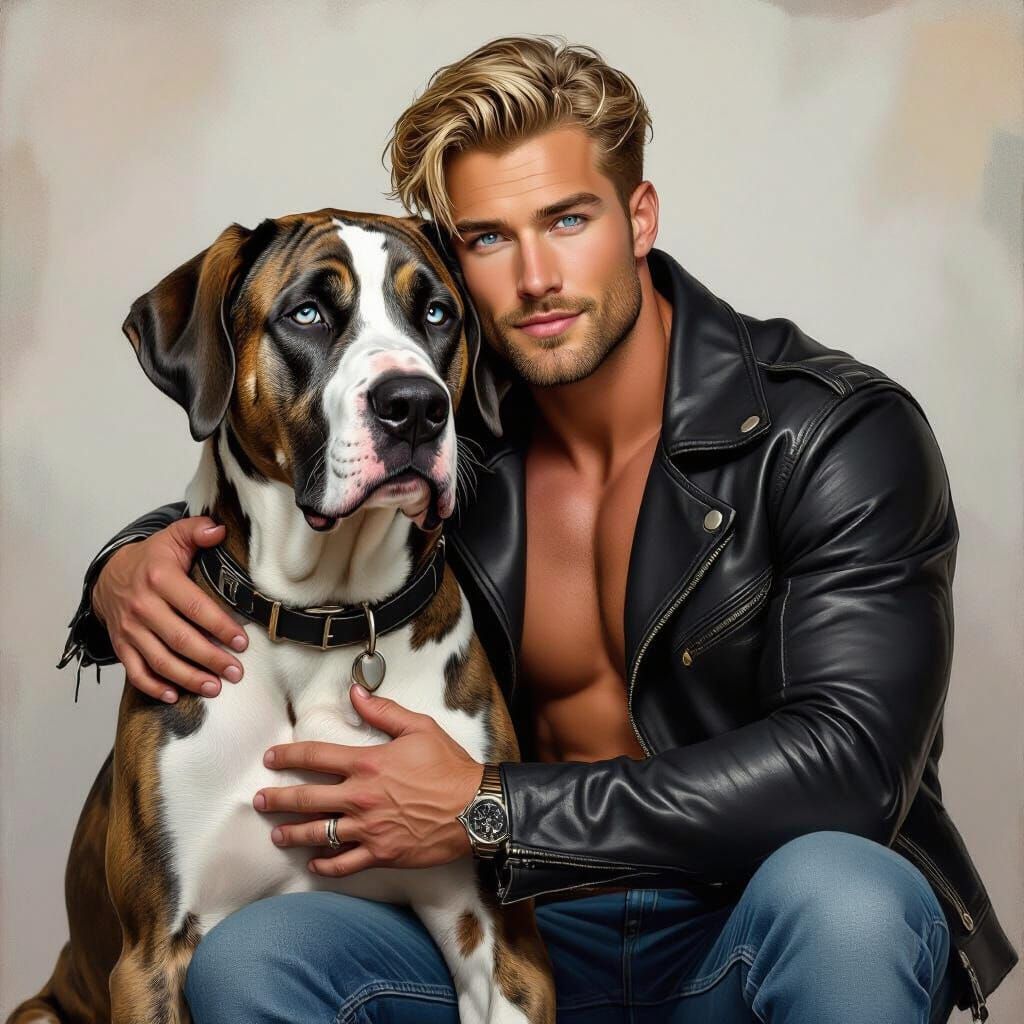 Muscular Man Lovingly Embraces Great Dane